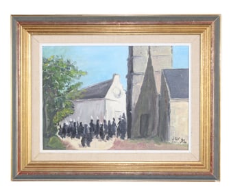 French oil painting procession of nuns outside church in Normandy