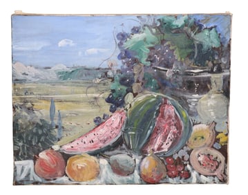 French oil on canvas painting still life with fruit
