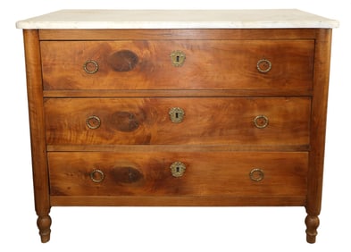 French Louis XVI 3 drawer commode in walnut with marble top