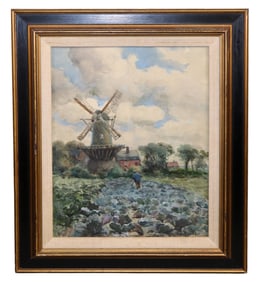 Watercolor painting of Dutch windmill