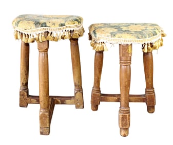Pair French demi-lune farmhouse stools with upholstered seats