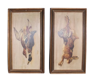 Pair of French oil on board trophy plaque paintings