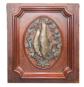 French relief carved and polychrome oak hunting plaque with fish
