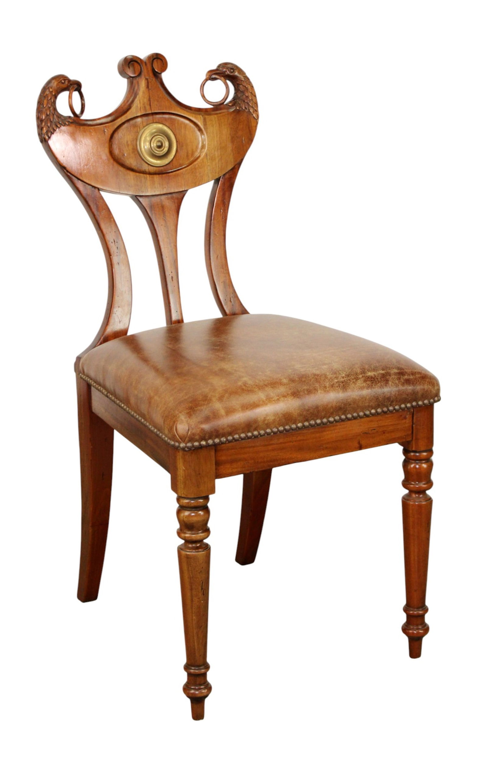 English Gorget back mahogany hall chair with eagle heads and leather seat: English Gorget back mahogany hall chair with eagle heads and leather seat. 39"h x 19 1/2"w x 22 1/2"d x 21 1/2 seat h