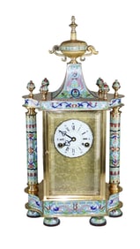 Chinese enameled mantel clock with portrait plaques