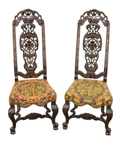 Pair of Victorian throne chairs with needlepoint upholstery