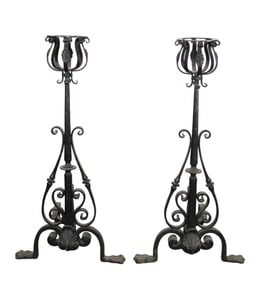 Pair Huge French forged iron chateau andirons with candle cups and paw feet