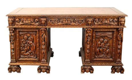 French Gothic Revival pedestal desk in oak with linenfold panels