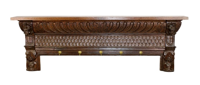 Belgian relief carved oak wall mount coat rack