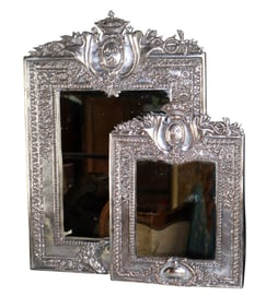 Lot of 2 French repousse silver plate dresser mirrors with fleur de lys & crest