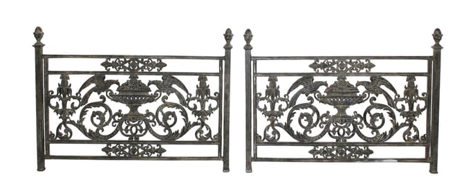 Pair of French neo-classical wrought iron balcony panels with birds flanking central urn