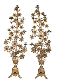 Pair of Italian gilt metal urns with flowers