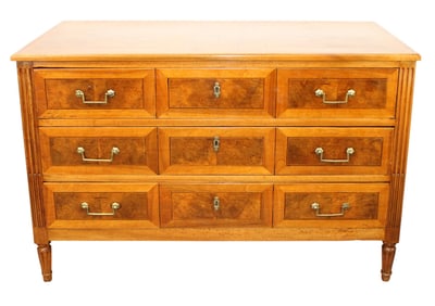 French Louis XVI style marquetry walnut 3 drawer commode with inlaid compass rose