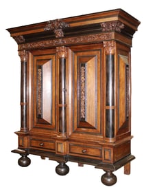 Dutch Renaissance 2 door armoire in rosewood on bun feet with relief carvings