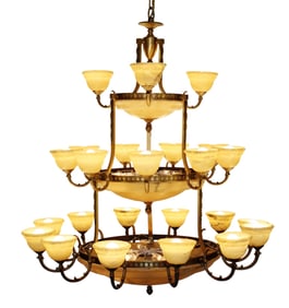 Empire style 3 tier 24 arm bronze and alabaster chandelier
