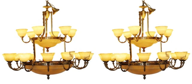 Pair of Empire style 2 tier 18 arm bronze and alabaster chandeliers