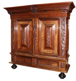 Dutch Renaissance 2 door armoire in rosewood on bun feet with relief carvings