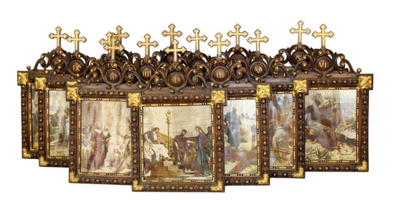 Lot of 14 French carved walnut Stations of the Cross