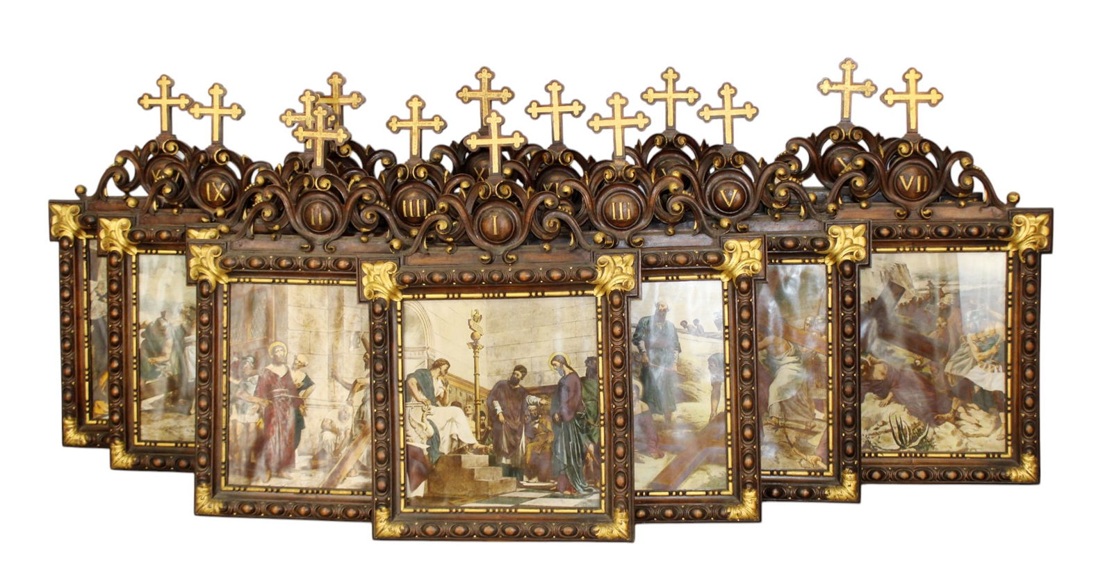 Lot of 14 French carved walnut Stations of the Cross (1 of 12)