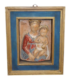 Ceccarelli Italian terra cotta Madonna and child in shadow box frame