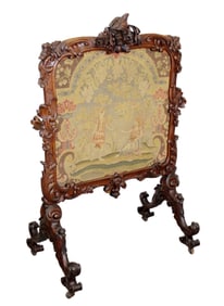 French relief carved fire screen in walnut with tapestry panel