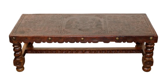 Italian coffee table with tooled leather top & crest