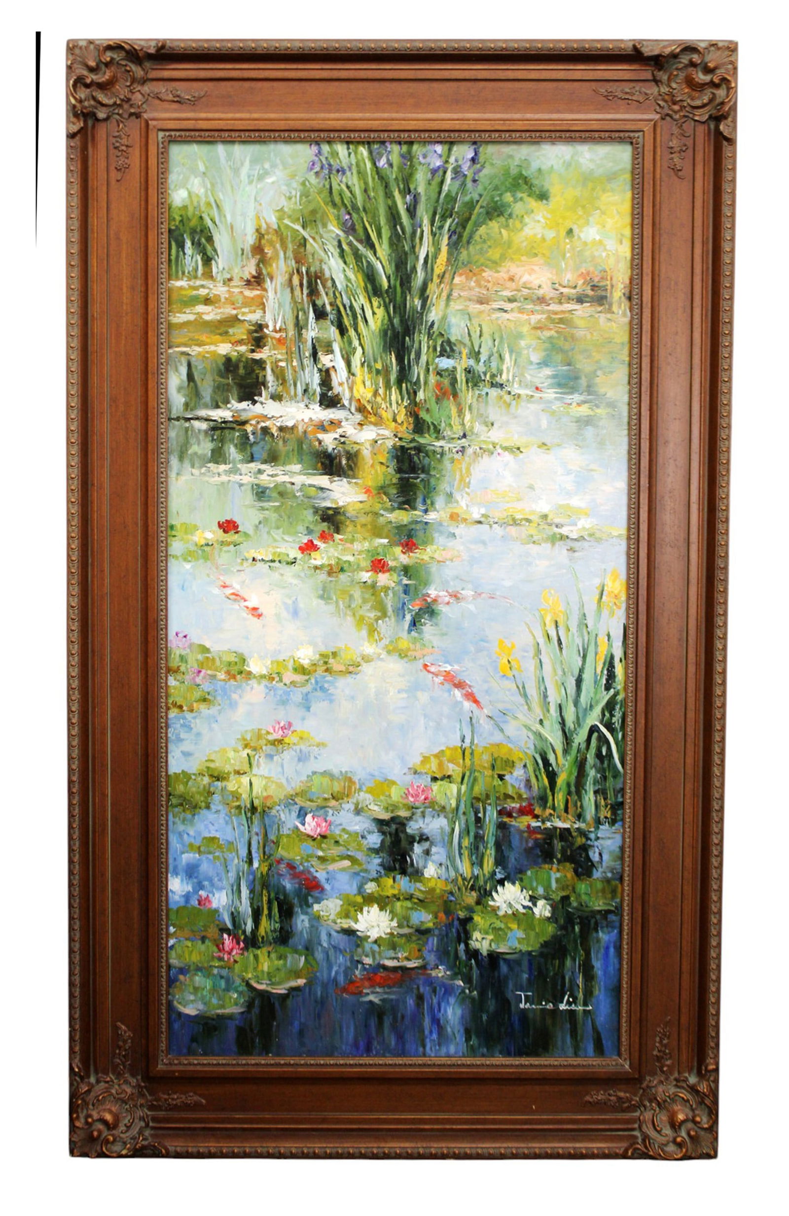 Oil on canvas painting of waterlilies: Oil on canvas painting of water lilies scene. Modern. Overall: 58 1/4"h x 33 3/4"w x 2 1/2"d; Sight: 47 1/2"h x 23 1/2"w