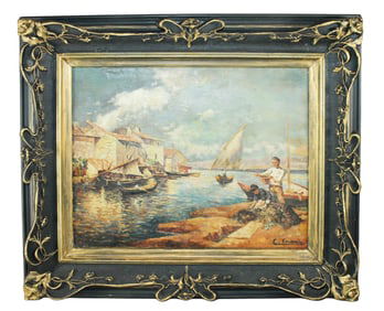 Oil on canvas painting of harbor scene