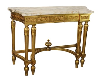 French Louis XVI style console with marble top and gilt finish