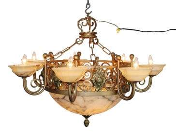 Alabaster and painted iron chandelier with 7 arms