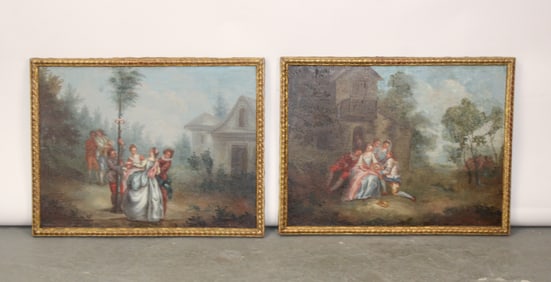 Companion pair of French oil on canvas landscape paintings with courting scenes