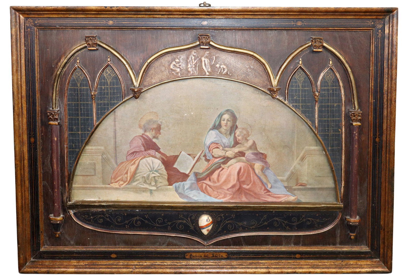 French religious painting depicting Joseph, Mary and Jesus: French religious painting on board depicting Joseph, Mary and Jesus. Overall framed size 22"h x 31"w. Weight: 6lbs