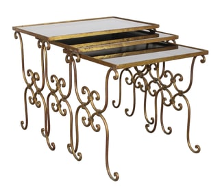 Lot of 3 Italian gilt metal nest of tables with smokey glass