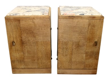 Pair of French Art Deco bleached oak side table cabinets with marble tops
