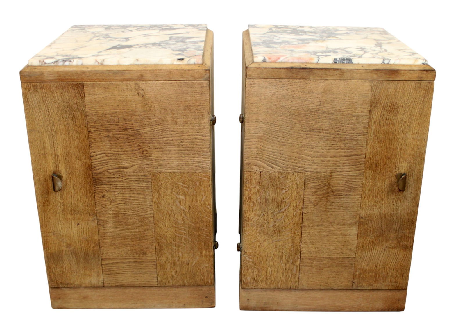 Pair of French Art Deco bleached oak side table cabinets with marble tops (1 of 10)