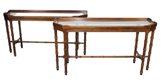 Pair of Lane mid century faux bamboo console tables with beveled glass tops