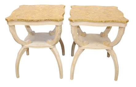 Pair of bleached tiered side tables with faux painted top