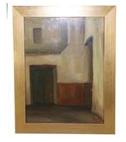 M. Bianchi Abstract oil on board painting courtyard scene