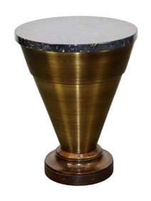 Brushed metal cone shaped side table with marble top