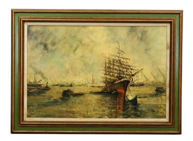 Oil on canvas painting of shipyard - signed lower right
