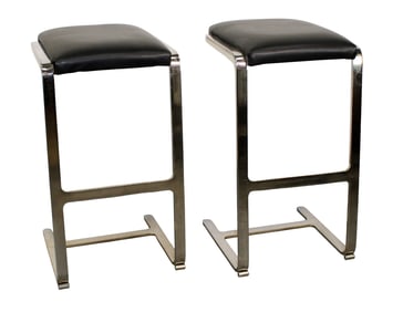 Pair of steel and leather backless bar stools after Ludwig Mies van der Rohe Four Seasons stools