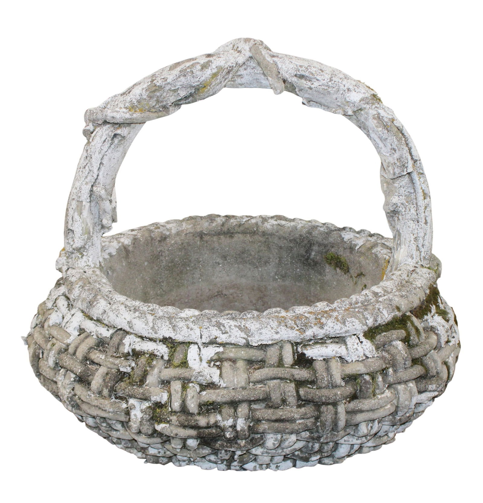 Faux Bois cast concrete basket weave planter: Faux Bois cast concrete basket weave planter with handle. 20"h x 25" dia