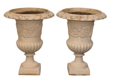 Pair of classical fluted cast iron garden urns