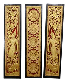 Lot of 3 relief carved and painted Burmese panels