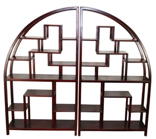 Chinese 2 piece demi lune open etagere book shelf or collector cabinet in red lacquer