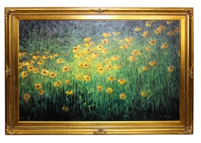 Oil on canvas painting of sunflower field