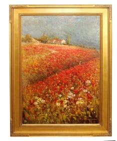 Oil on canvas painting landscape with field of flowers