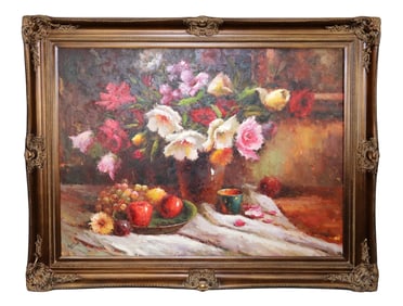 Large scale oil on canvas floral still life painting with fruit