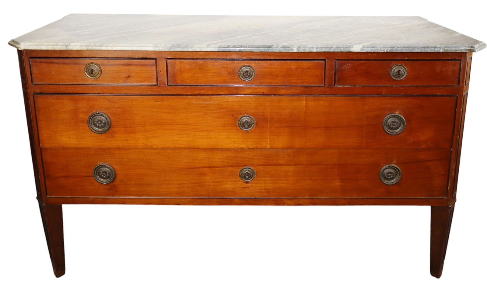 French Louis XVI marble top 3 over 2 drawer commode in mahogany (1 of 9)