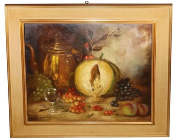 Gaston Noelanders Oil on canvas still life painting with melon